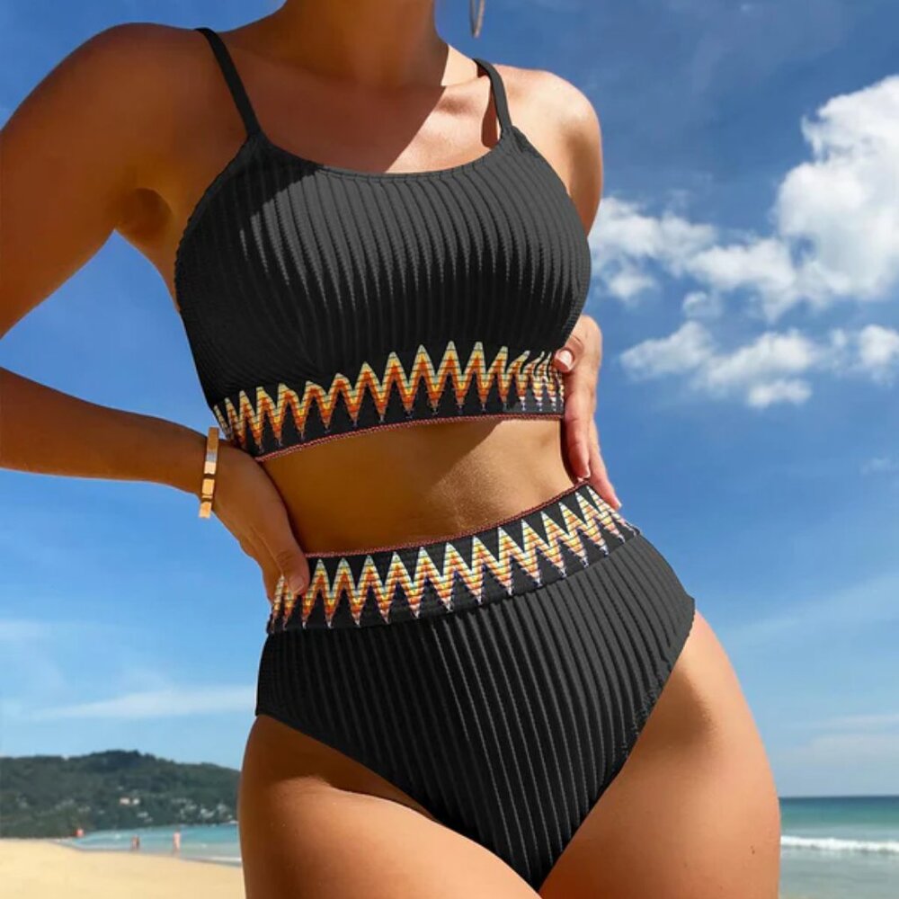 Luna’sWish Chevron Tape High-Waisted Bikini Set | Wireless Top & High-Waist Bott